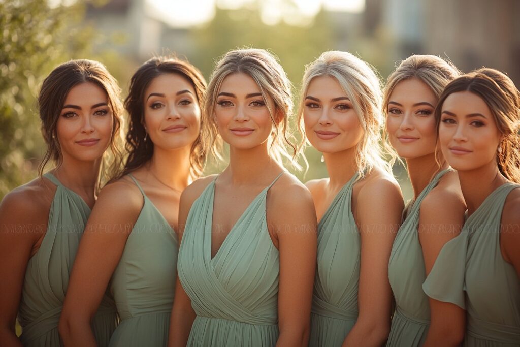 Robes de Demoiselles d’Honneur Vert Sauge pour un Mariage Cosmopolite