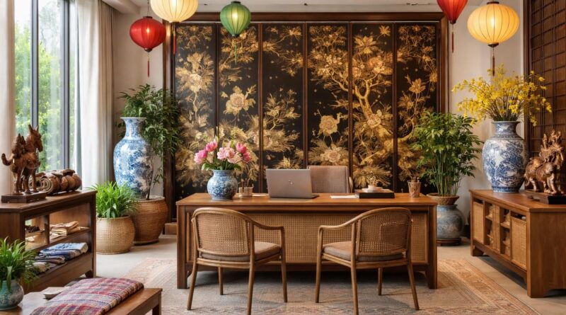 découvrez comment décorer votre agence avec des objets artisanaux vietnamiens et un paravent laqué traditionnel pour une ambiance élégante et authentique.