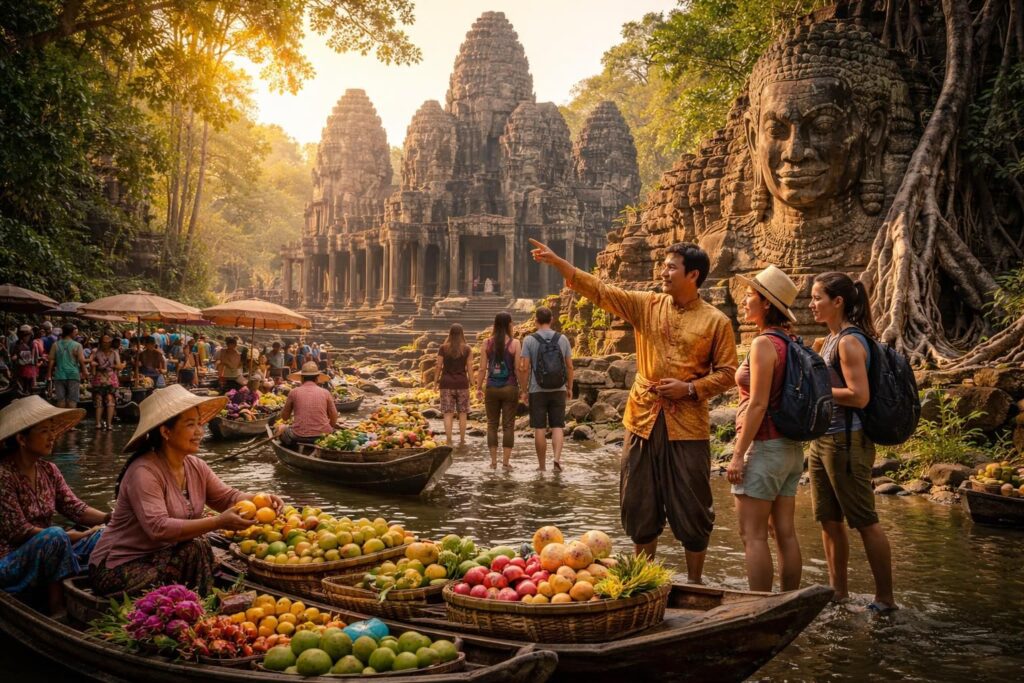 Explorer temples angkoriens et marchés flottants avec guides locaux pour immersion culturelle totale