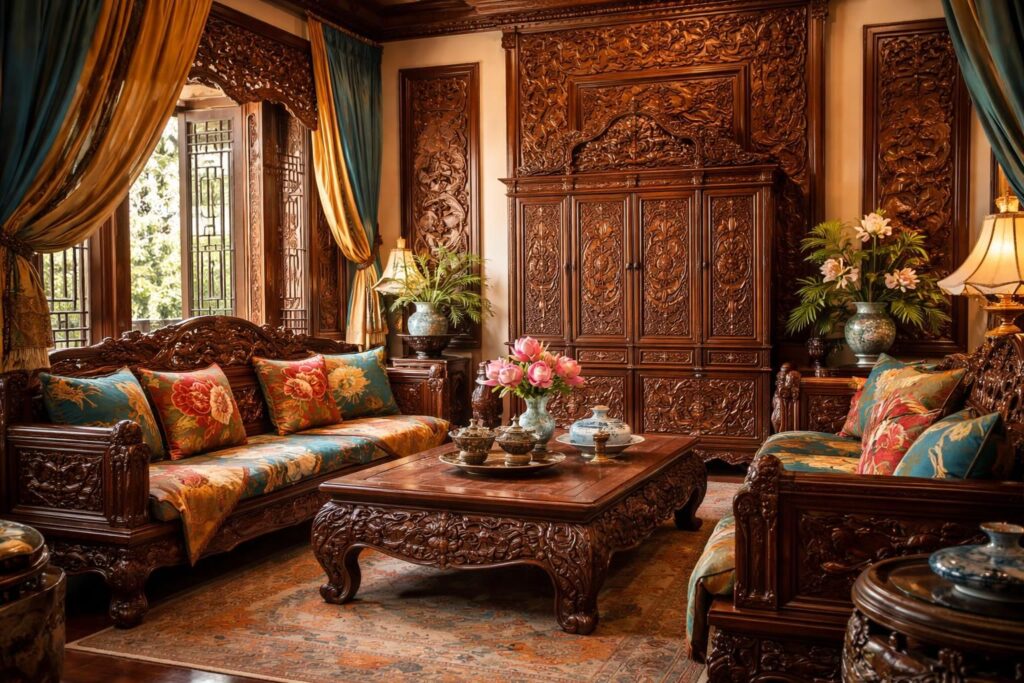 Réussir une décoration exotique indochinoise avec bois sculpté et soieries vietnamiennes artisanales