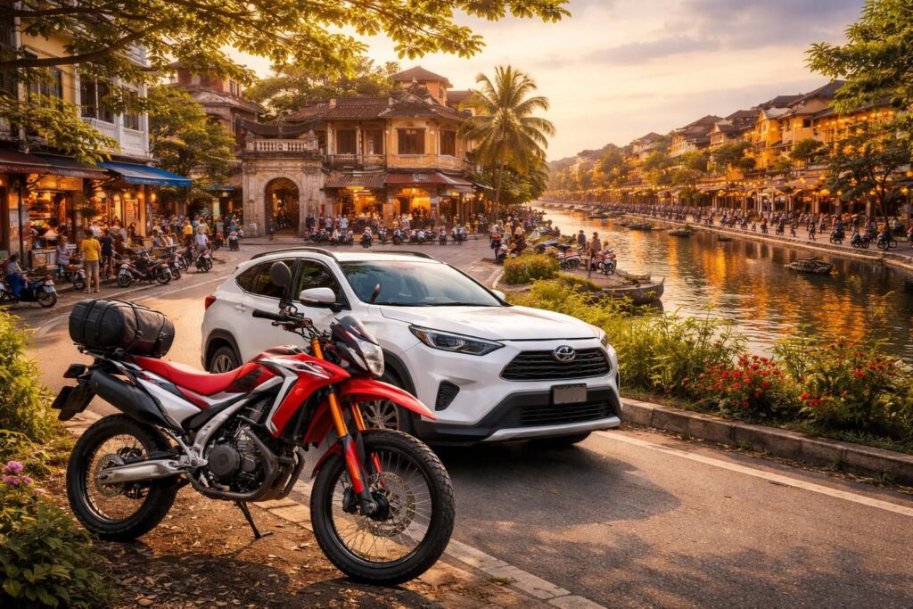 Road trip Vietnam en moto Honda et location voiture Toyota pour visiter Hanoi et Hoi An
